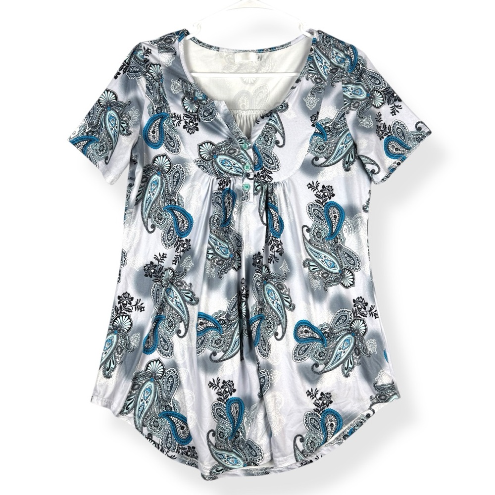 Womens Henley V Neck Top Size Medium M White Blue Black Paisley Short Sleeve